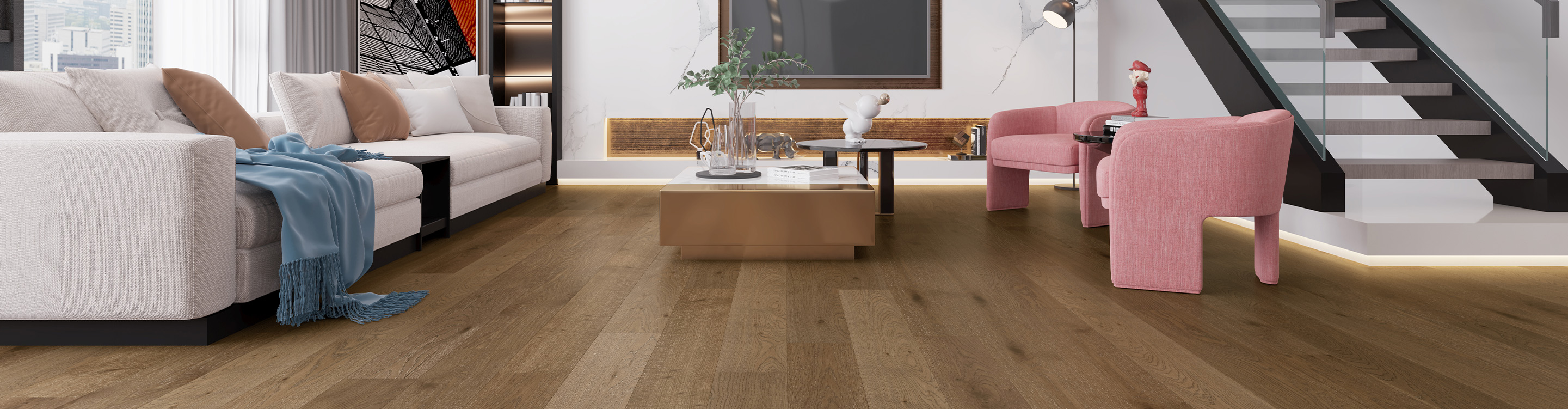 hardwood flooring in living room with white couch